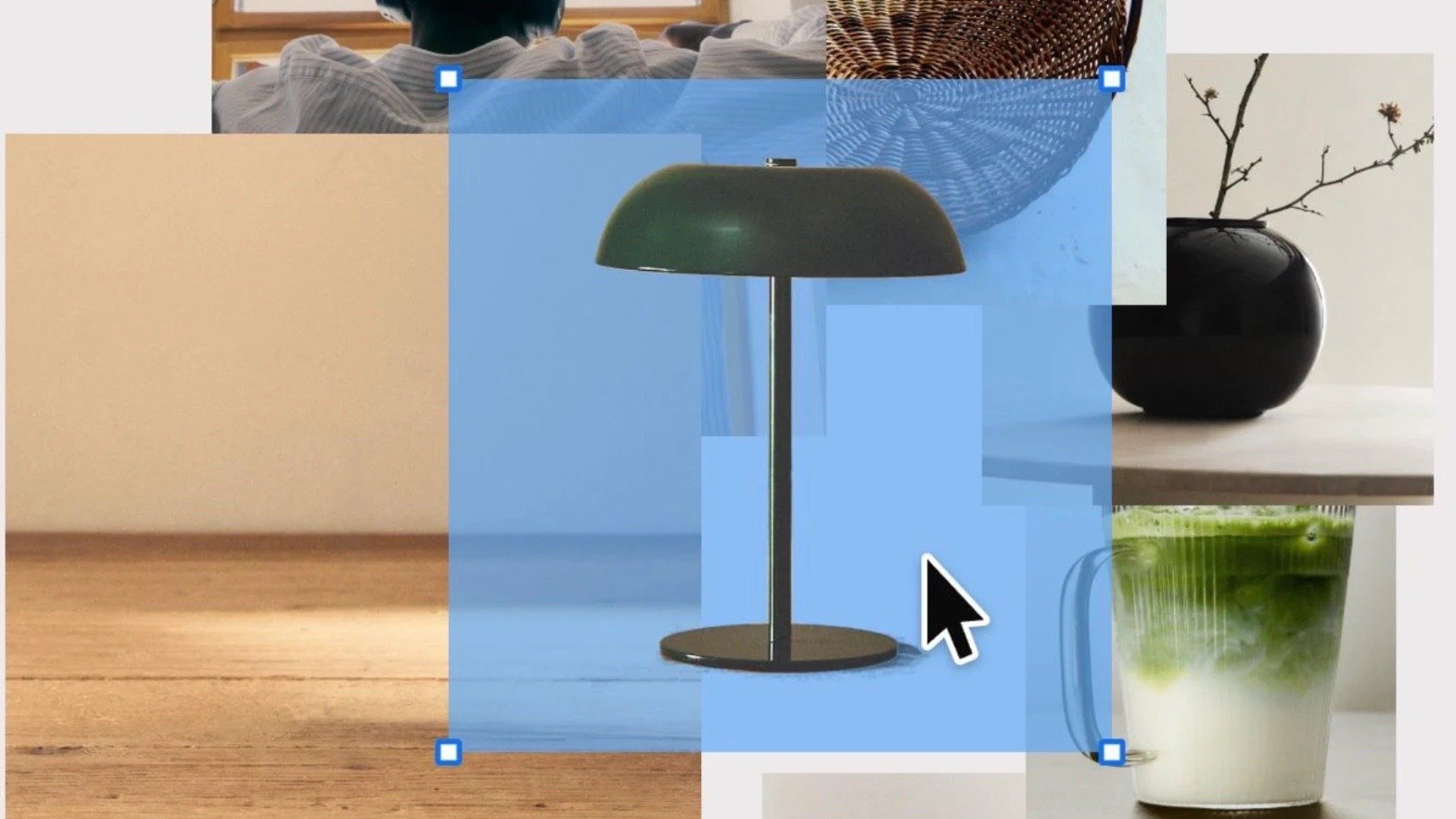Product collage with a selected table lamp and a cursor — motion design piece