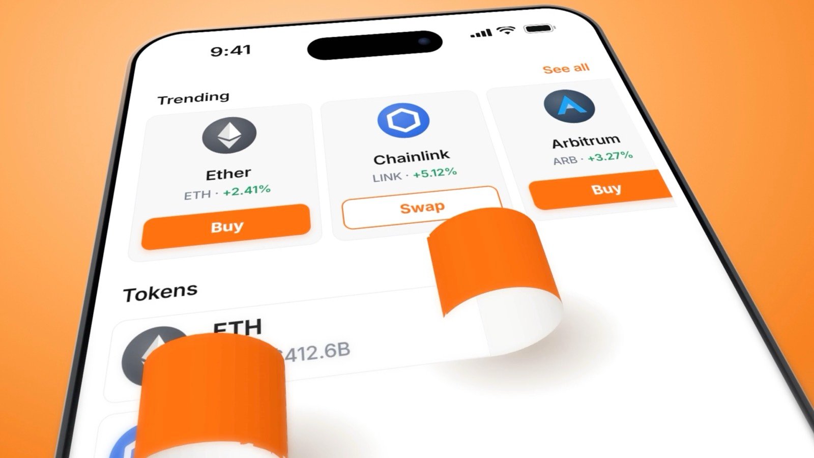 Phone with a crypto trading app floating in an orange sky — spec ad